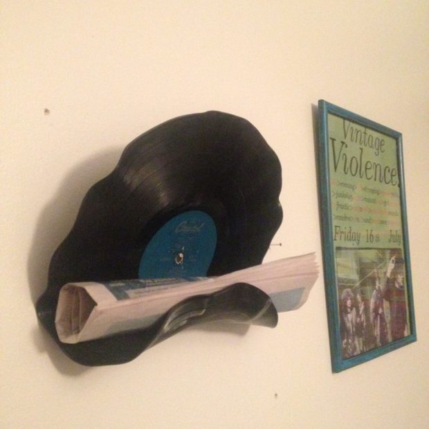 upcycled vinyl shelf