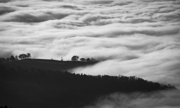 black and white image of rolling fog