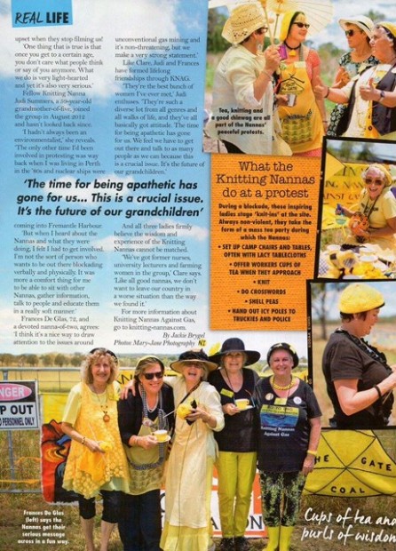 The Knitting Nannas knit, educate, and protest the environmental destruction. The group crafts a better future for their grandchildren.