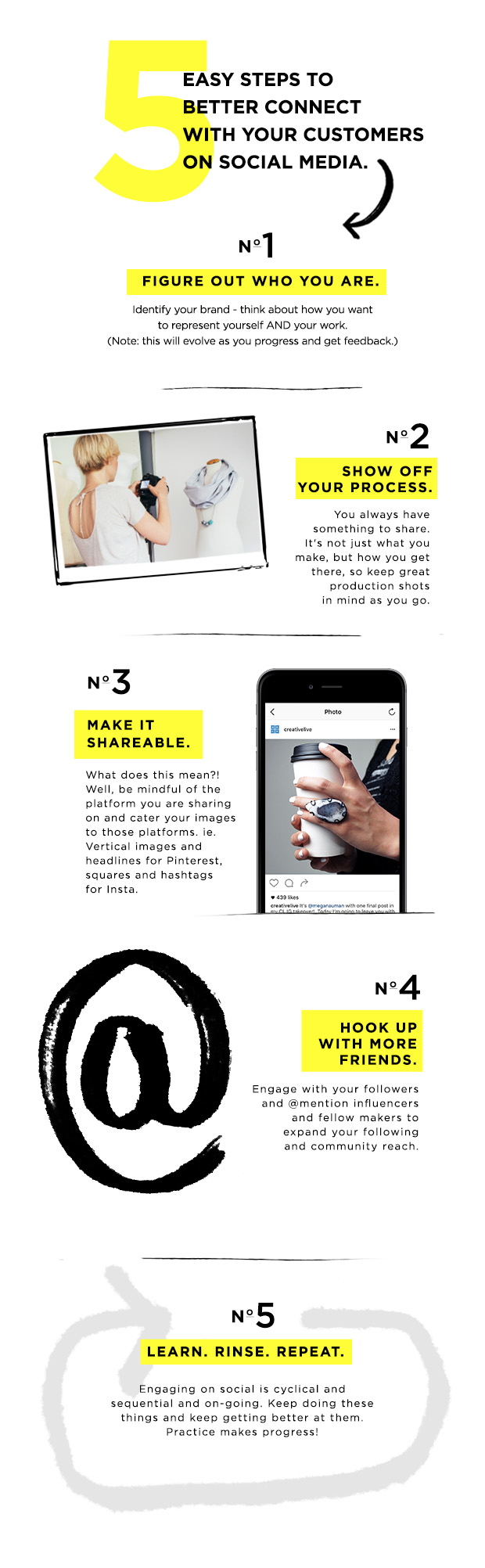 Learn how to get more followers using the 5 steps outlined in this infographic from CreativeLive.