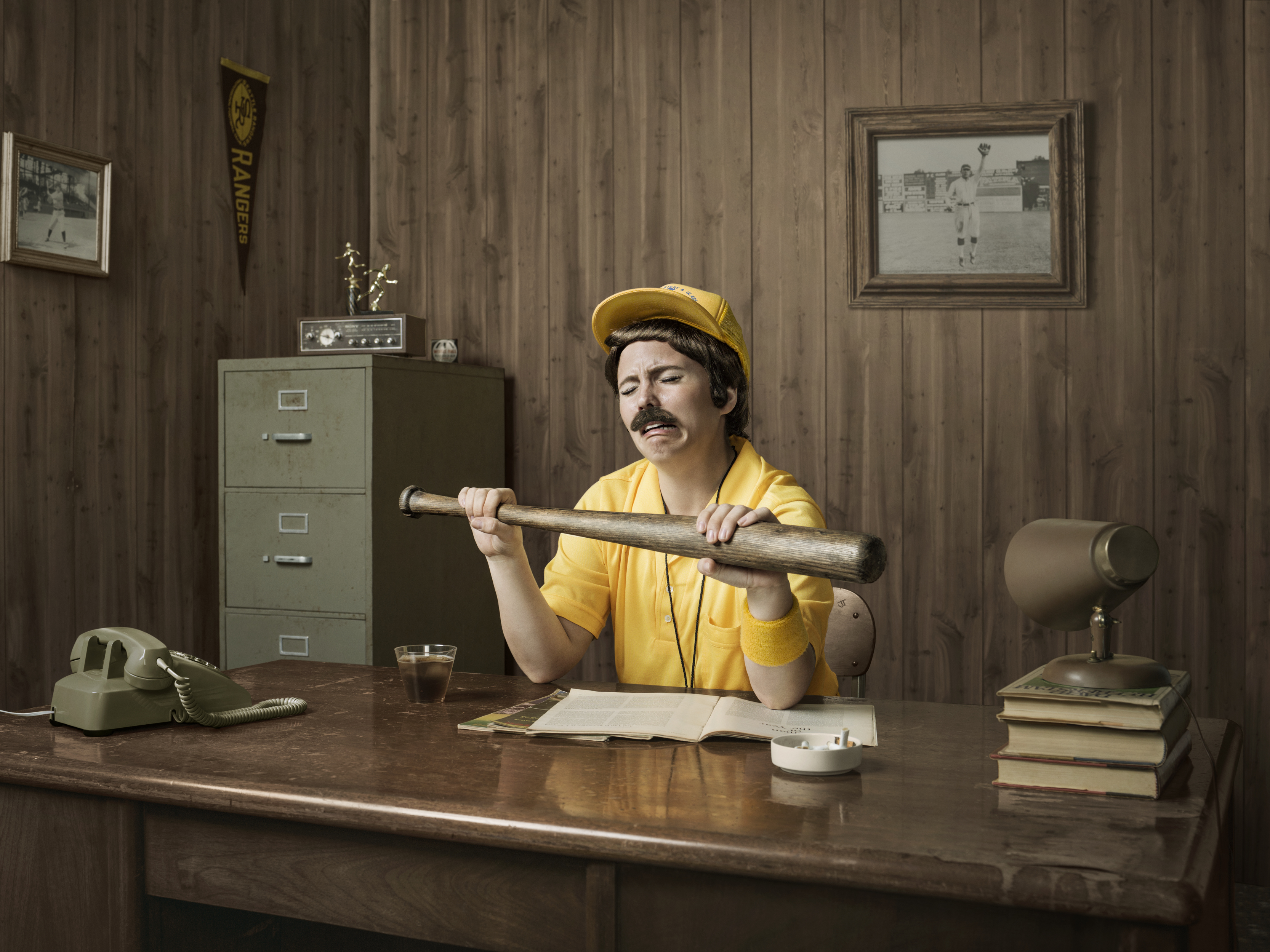 Actress Sara Coates as a 70's male sports coach. Personal work by John Keatley.