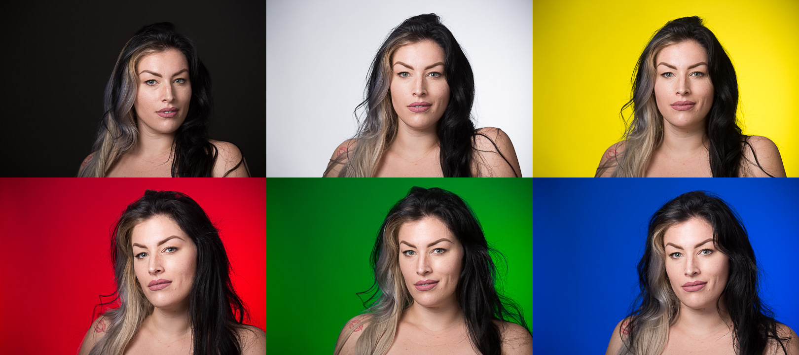 The background is the same in all of these images (the dark gray in the upper left), but by adding light and color gels we can create different backgrounds by John Cornicello.